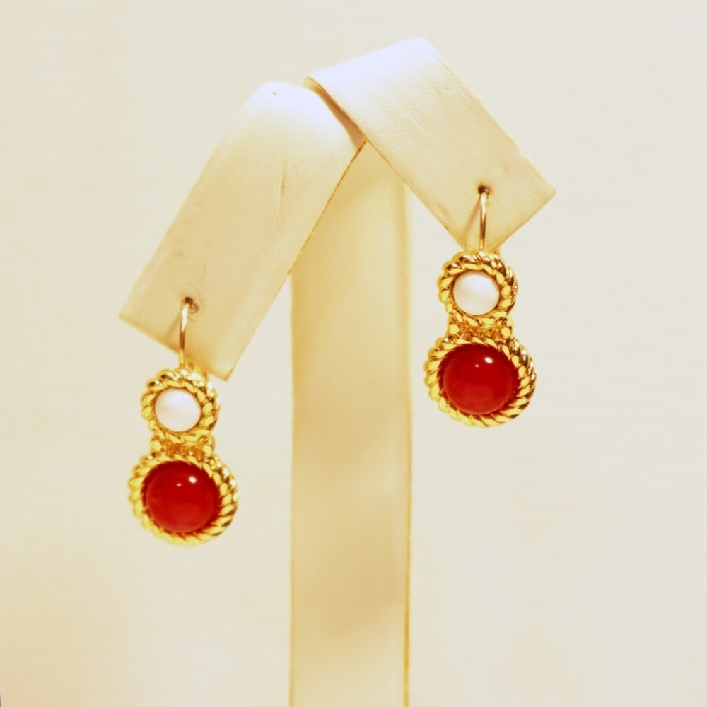 Monet Gold with Red and White Cabochon Pierced Style Earrings NWOT - Picture 2 of 7